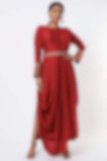 Red Satin Slub Hand Embroidered Saree Cocktail Dress by Twinkle Hanspal at Pernia's Pop Up Shop