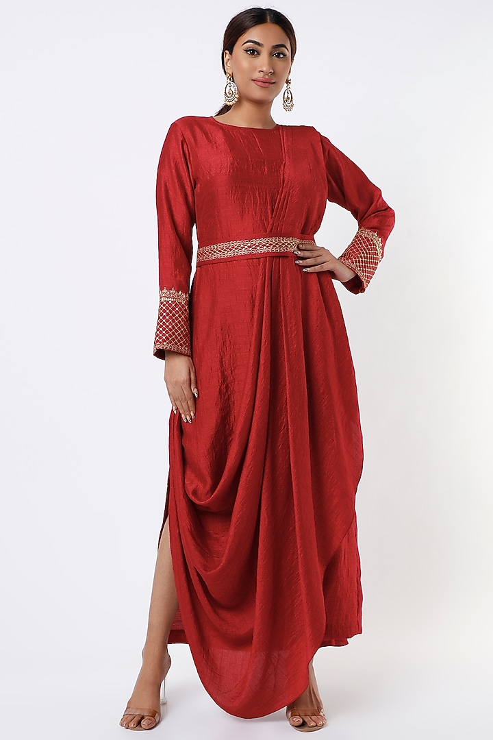 Red Satin Slub Hand Embroidered Saree Cocktail Dress by Twinkle Hanspal at Pernia's Pop Up Shop