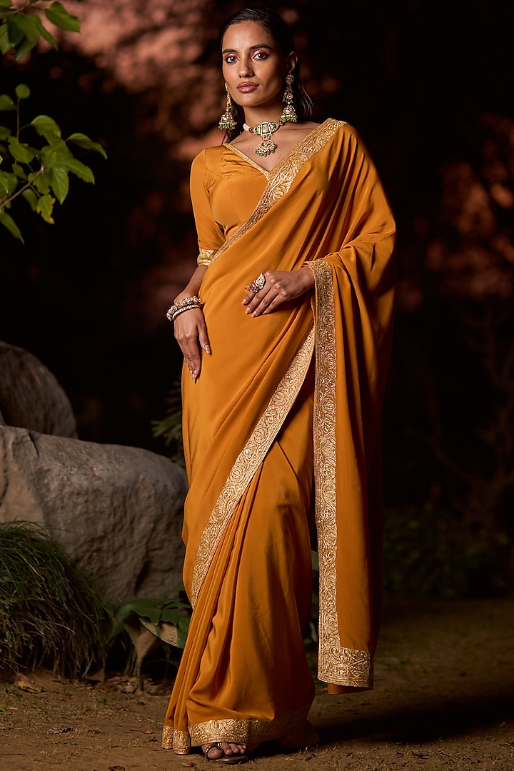 Mustard Pure Crepe Silk Hand Embroidered Saree Set by The Whole Nine Yards