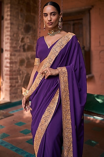 Purple Pure Crepe Silk Hand Embroidered Reception Saree Set by The Whole Nine Yards at Pernia's Pop Up Shop