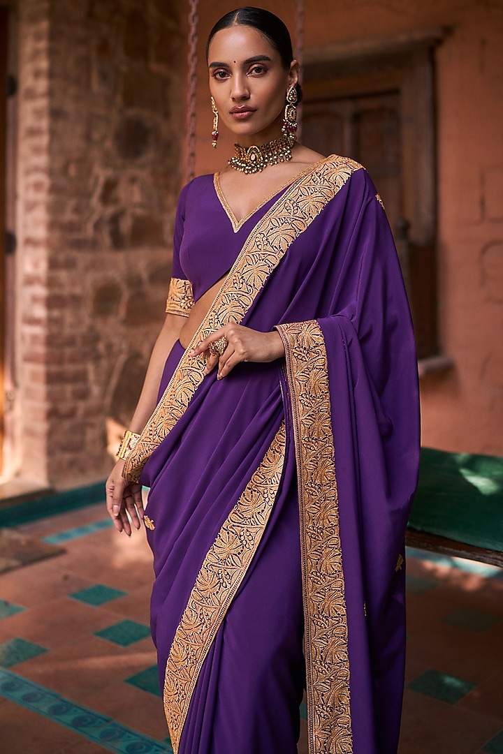 Purple Pure Crepe Silk Hand Embroidered Saree Set by The Whole Nine Yards