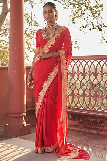 Red Pure Crepe Silk Hand Embroidered Reception Saree Set by The Whole Nine Yards at Pernia's Pop Up Shop
