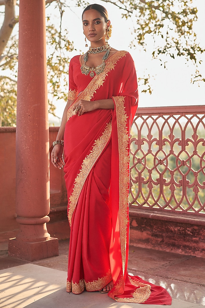 Red Pure Crepe Silk Hand Embroidered Saree Set by The Whole Nine Yards