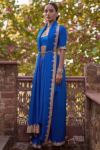 Cobalt Blue Pure Crepe Silk Hand Embroidered Wedding Saree Set by The Whole Nine Yards at Pernia's Pop Up Shop