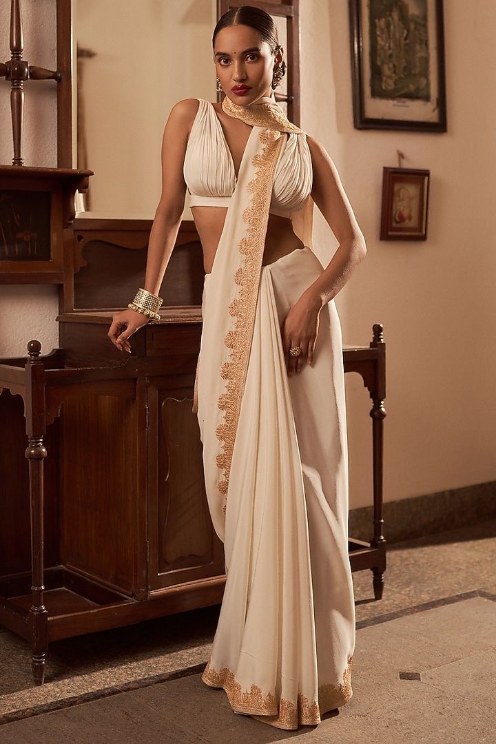 Ivory Pure Crepe Silk Hand Embroidered Wedding Saree Set by The Whole Nine Yards at Pernia's Pop Up Shop