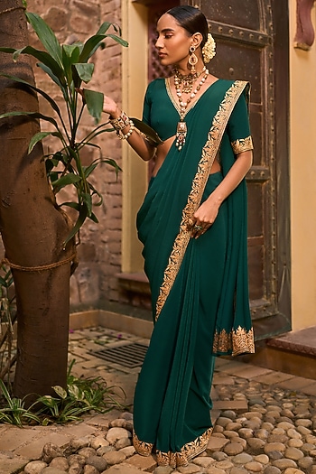 Castleton Green Pure Crepe Silk Hand Embroidered Wedding Saree Set by The Whole Nine Yards at Pernia's Pop Up Shop
