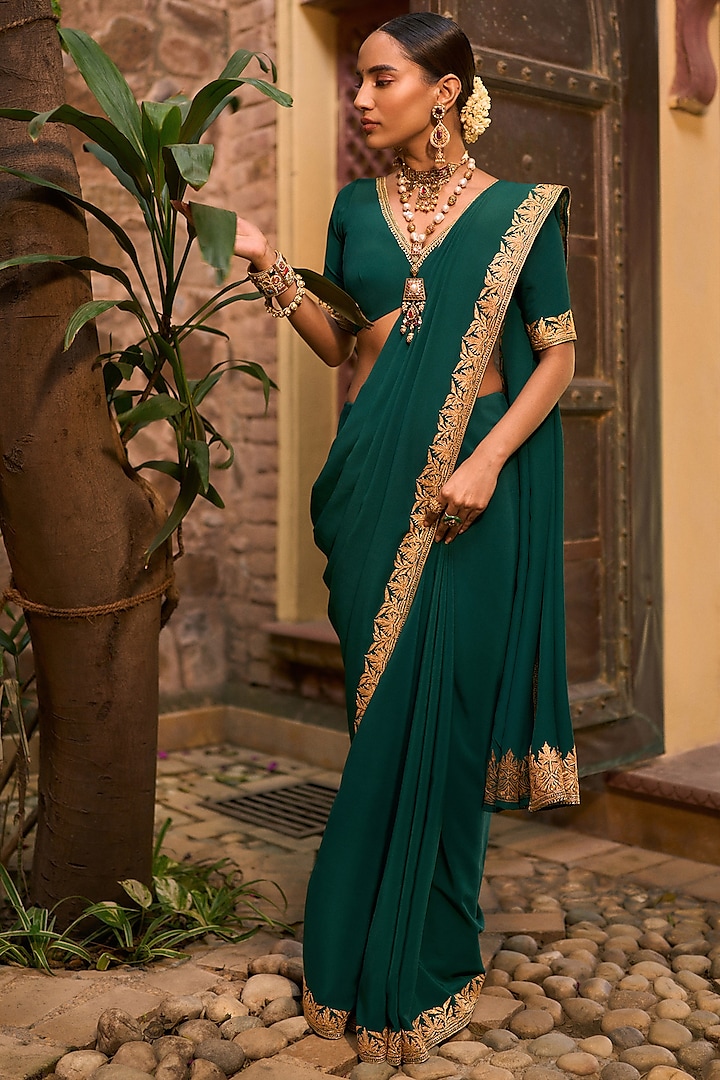 Castleton Green Pure Crepe Silk Hand Embroidered Saree Set by The Whole Nine Yards