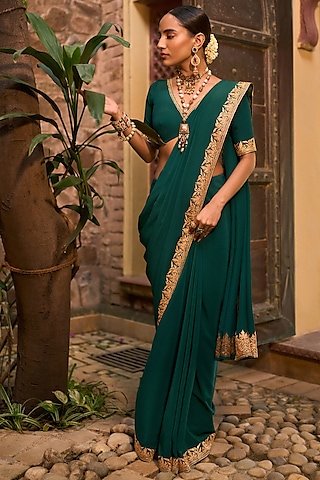 Castleton Green Pure Crepe Silk Hand Embroidered Saree Set by The Whole Nine Yards