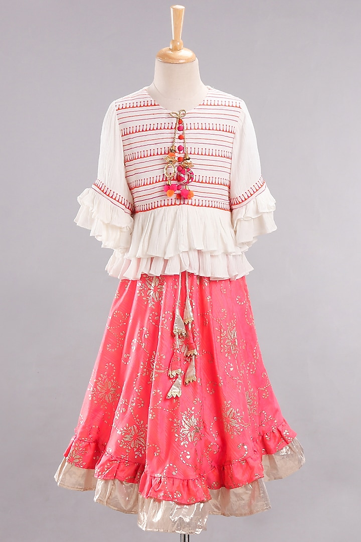 Coral Viscose Foil Printed Skirt Set For Girls by TWISHA at Pernia's Pop Up Shop