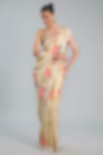 Beige Crepe Printed Party Wear Saree Set by TYAASHU at Pernia's Pop Up Shop