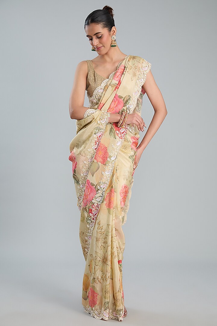 Beige Crepe Printed Party Wear Saree Set by TYAASHU at Pernia's Pop Up Shop