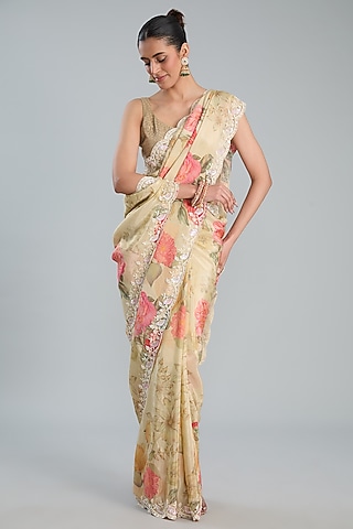 Beige Crepe Printed Saree Set by TYAASHU