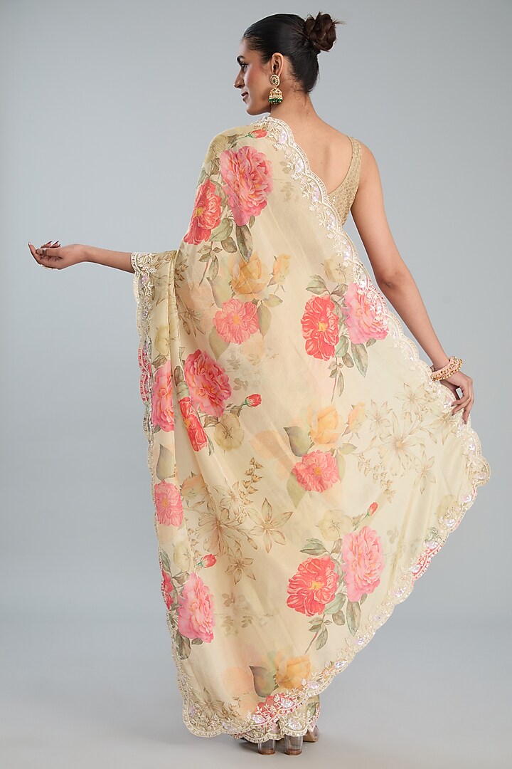 Beige Crepe Printed Party Wear Saree Set by TYAASHU at Pernia's Pop Up Shop