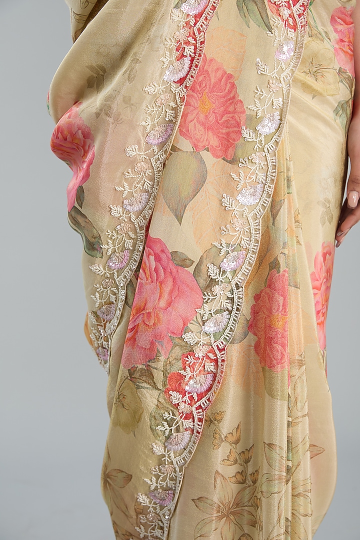 Beige Crepe Printed Party Wear Saree Set by TYAASHU at Pernia's Pop Up Shop
