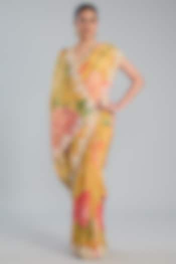 Yellow Crepe Printed Saree Set by TYAASHU