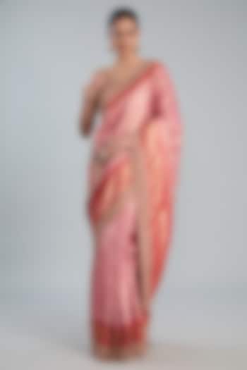 Pink Vegan Silk Printed Saree Set by TYAASHU