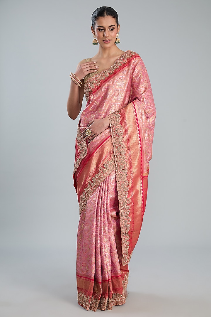 Pink Vegan Silk Printed Saree Set by TYAASHU