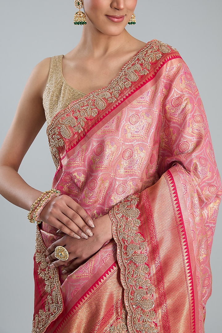 Pink Vegan Silk Printed Wedding Saree Set by TYAASHU at Pernia's Pop Up Shop