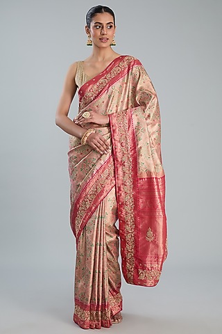 Peach Vegan Silk Printed Saree Set by TYAASHU