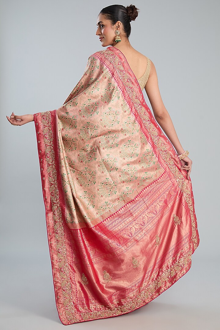 Peach Vegan Silk Printed Wedding Saree Set by TYAASHU at Pernia's Pop Up Shop