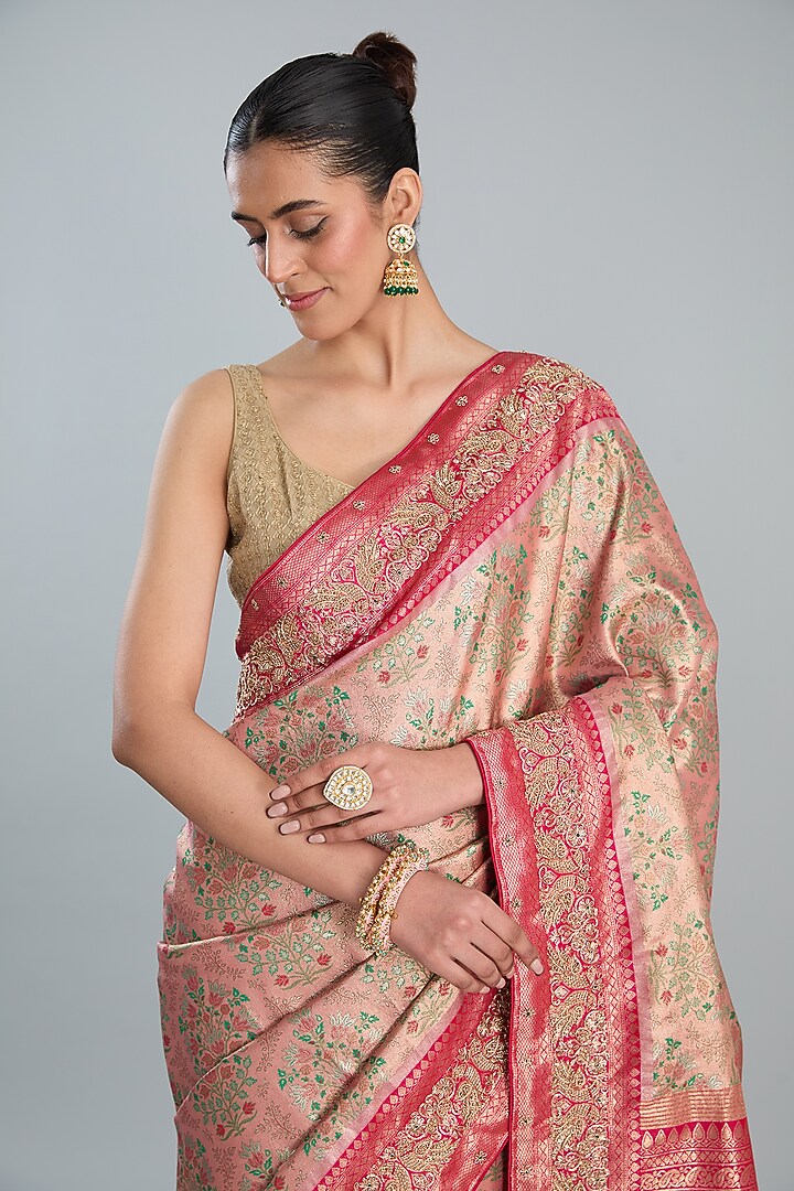 Peach Vegan Silk Printed Wedding Saree Set by TYAASHU at Pernia's Pop Up Shop
