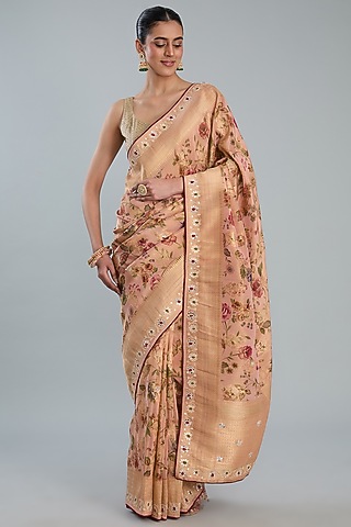 Beige Vegan Silk Printed Saree Set by TYAASHU