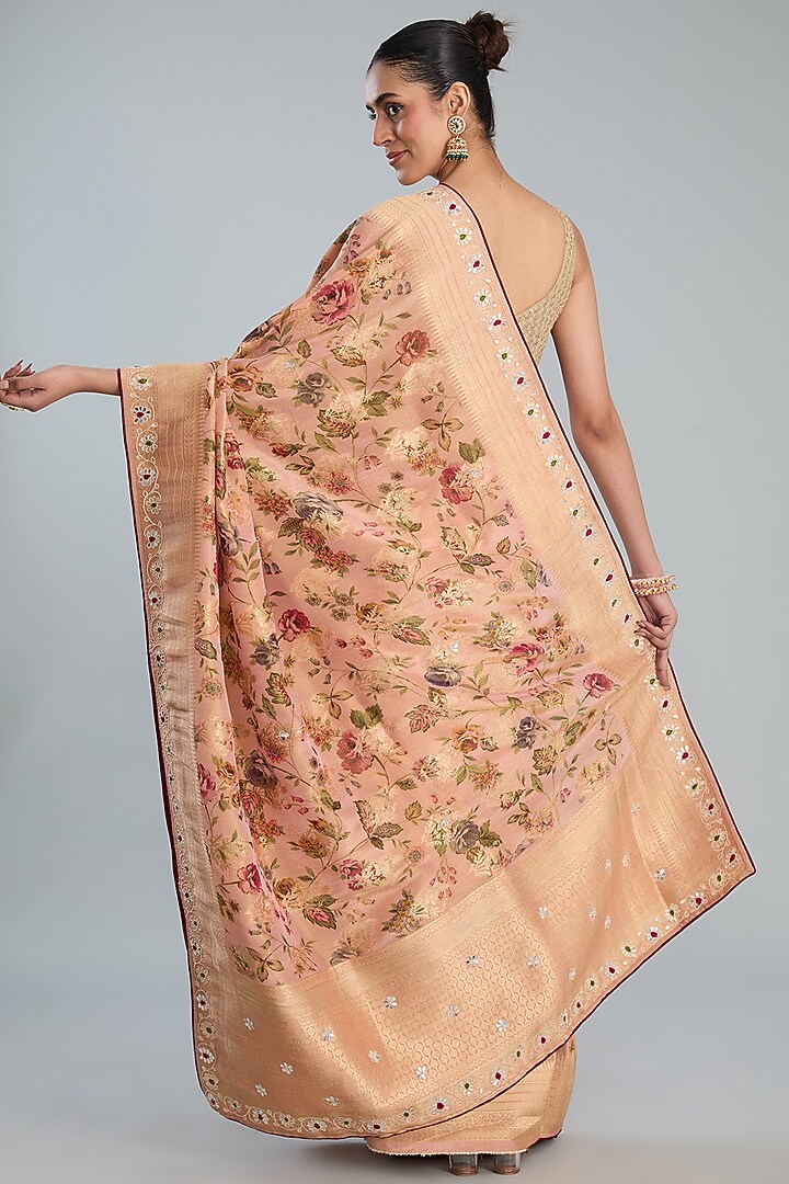Beige Vegan Silk Printed Festive Saree Set by TYAASHU at Pernia's Pop Up Shop