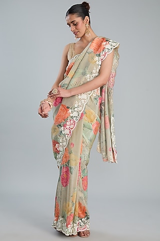 Multi-Colored Crepe Printed Saree Set by TYAASHU
