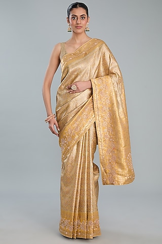 Yellow Vegan Silk Saree Set by TYAASHU