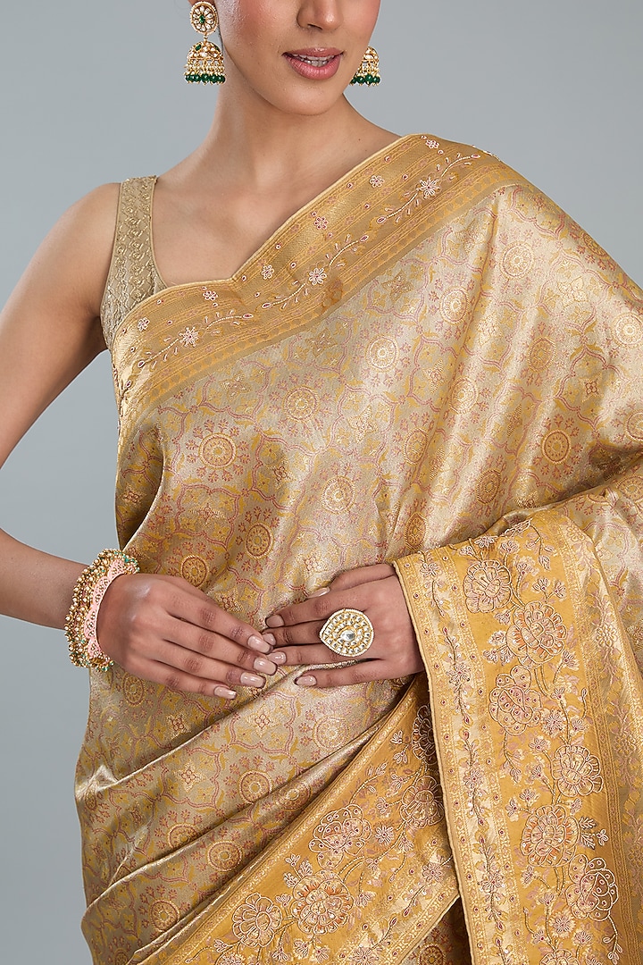 Yellow Vegan Silk Party Wear Saree Set by TYAASHU at Pernia's Pop Up Shop