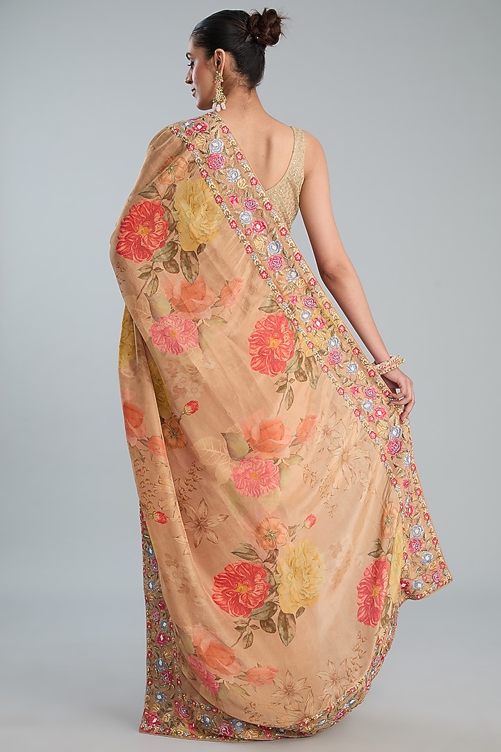 Beige Crepe Printed Festive Saree Set by TYAASHU at Pernia's Pop Up Shop