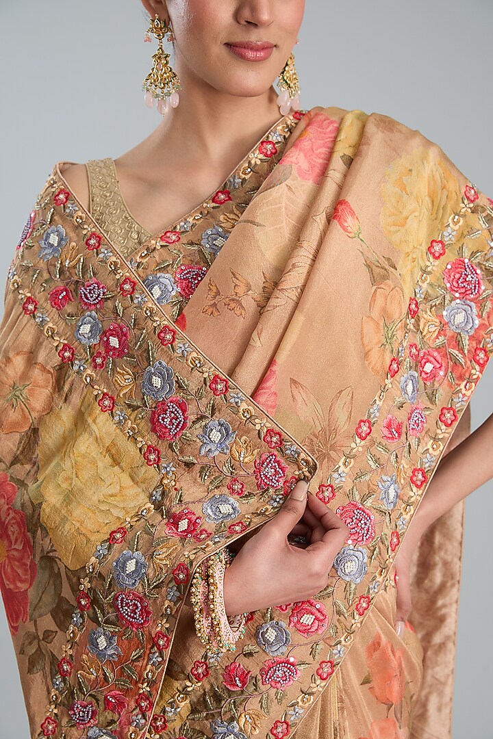Beige Crepe Printed Festive Saree Set by TYAASHU at Pernia's Pop Up Shop
