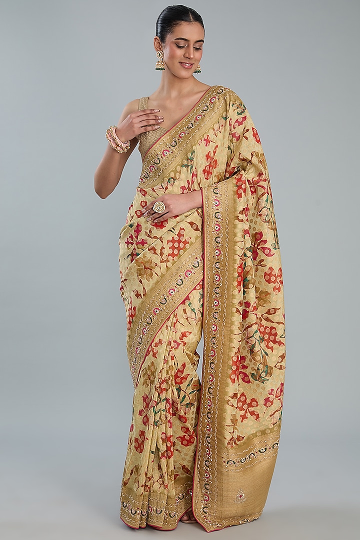 Beige Vegan Silk Printed Saree Set by TYAASHU