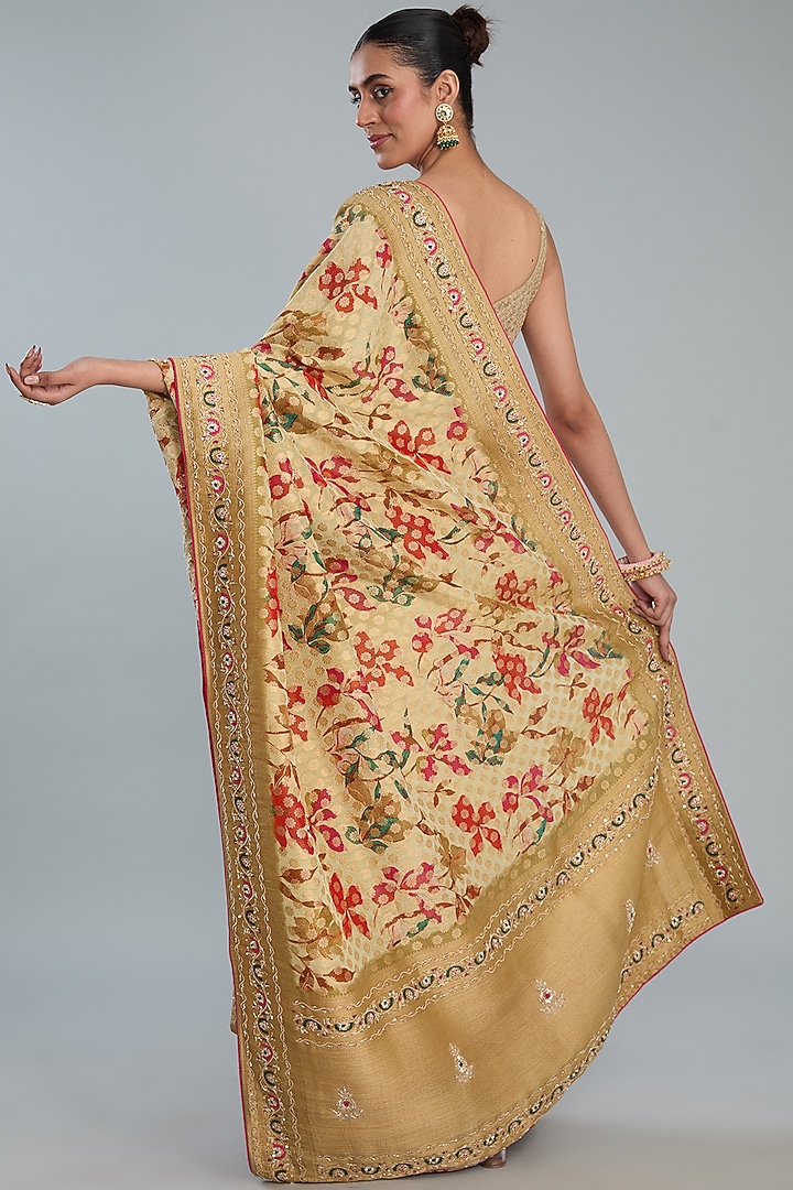Beige Vegan Silk Printed Festive Saree Set by TYAASHU at Pernia's Pop Up Shop