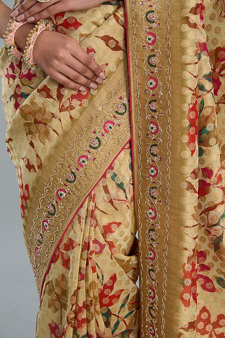 Beige Vegan Silk Printed Festive Saree Set by TYAASHU at Pernia's Pop Up Shop