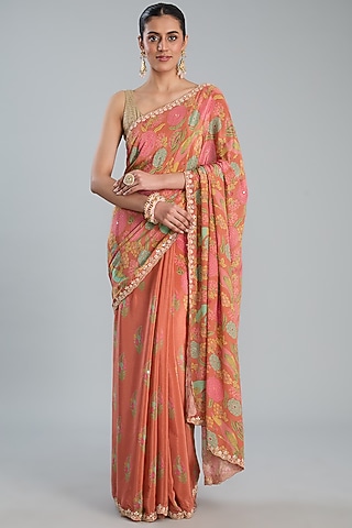 Orange Crepe Printed Saree Set by TYAASHU