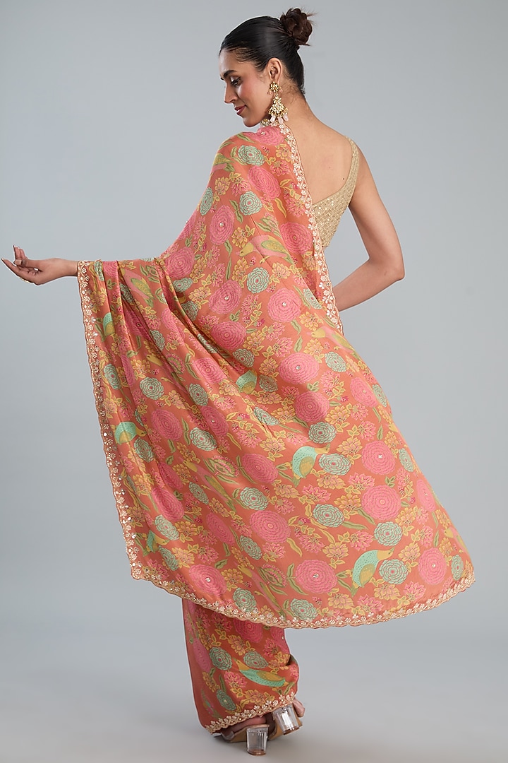 Orange Crepe Printed Festive Saree Set by TYAASHU at Pernia's Pop Up Shop