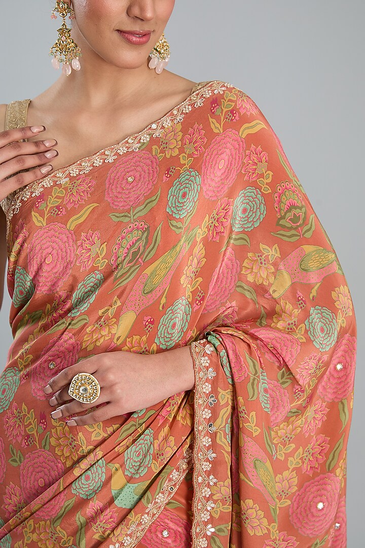 Orange Crepe Printed Festive Saree Set by TYAASHU at Pernia's Pop Up Shop