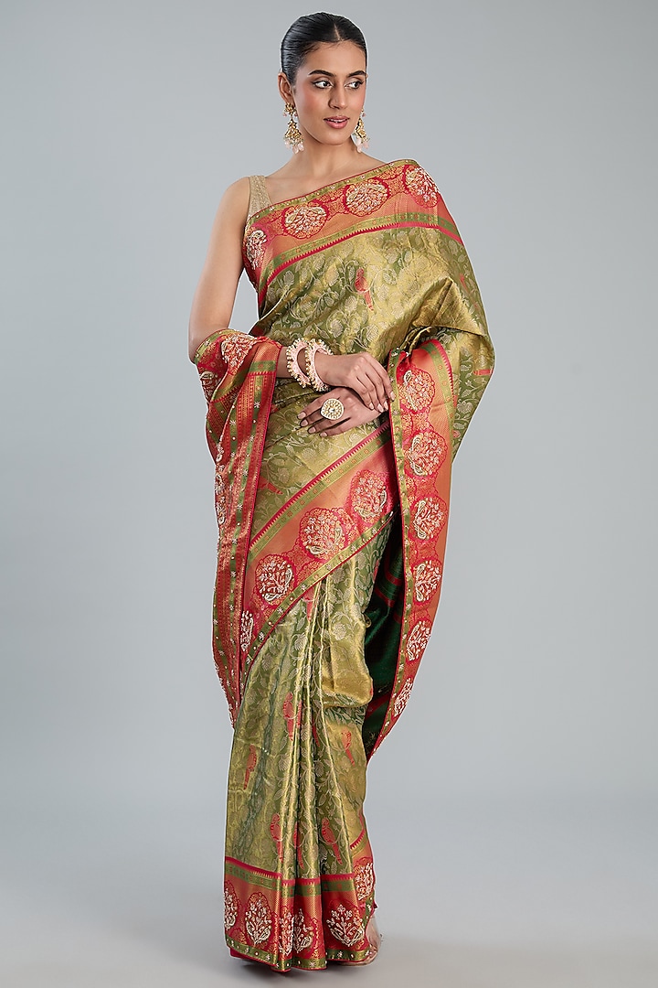 Green Vegan Silk Floral Printed & Weave Embroidered Saree Set by TYAASHU