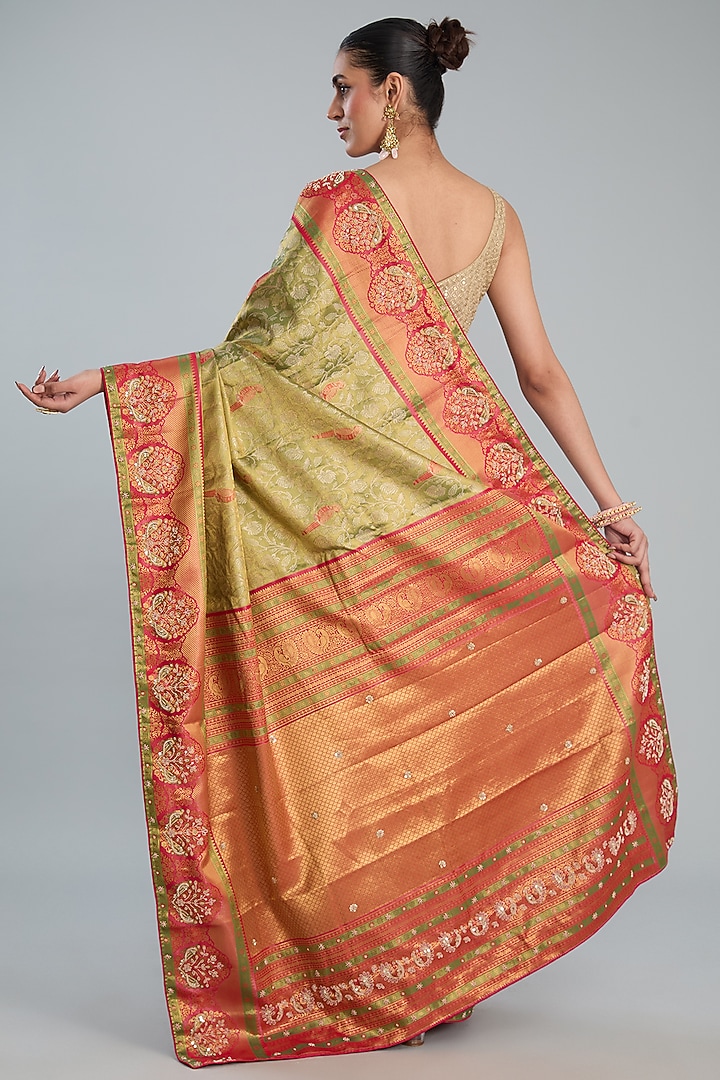 Green Vegan Silk Floral Printed & Weave Embroidered Party Wear Saree Set by TYAASHU at Pernia's Pop Up Shop