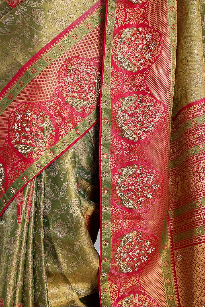Green Vegan Silk Floral Printed & Weave Embroidered Party Wear Saree Set by TYAASHU at Pernia's Pop Up Shop