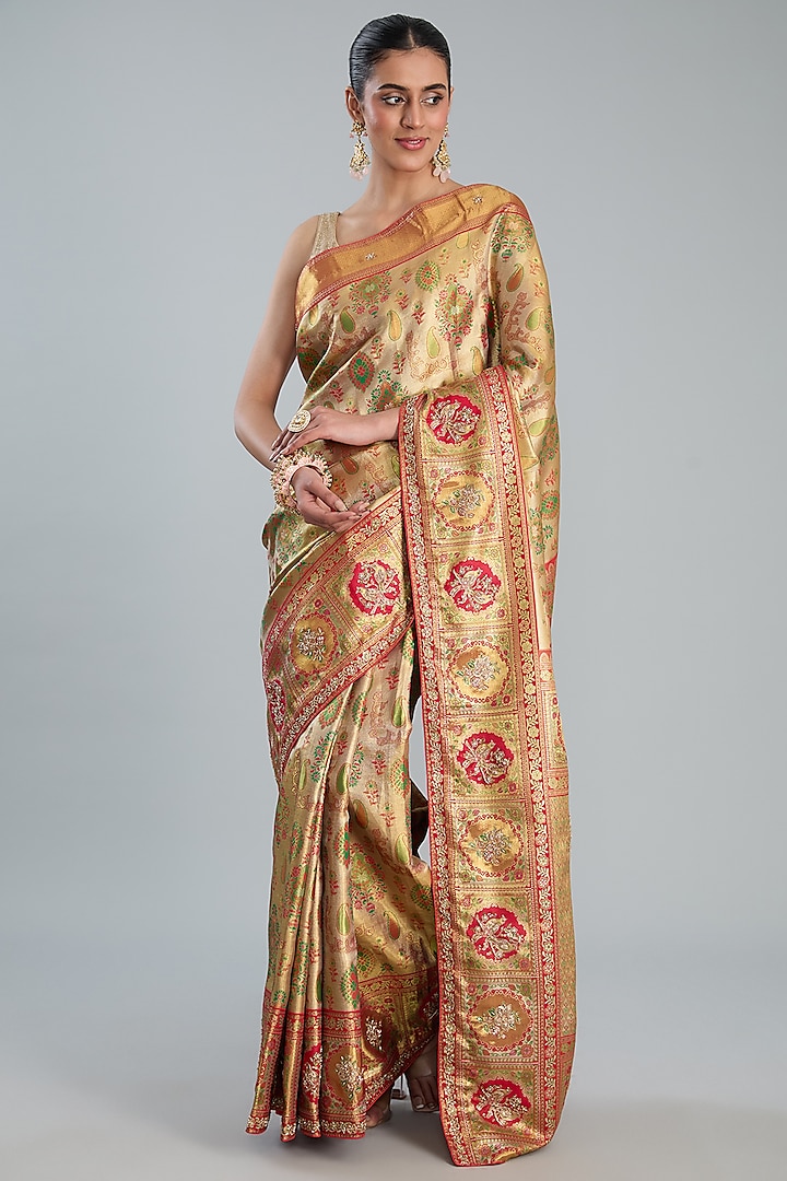 Gold Vegan Silk Floral Printed & Weave Embroidered Saree Set by TYAASHU