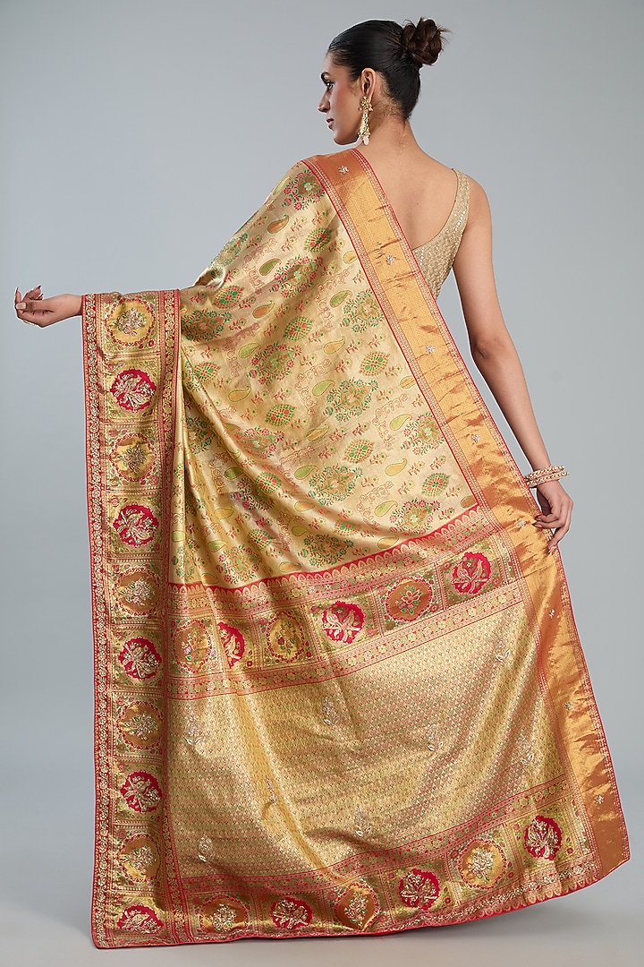 Gold Vegan Silk Floral Printed & Weave Embroidered Party Wear Saree Set by TYAASHU at Pernia's Pop Up Shop
