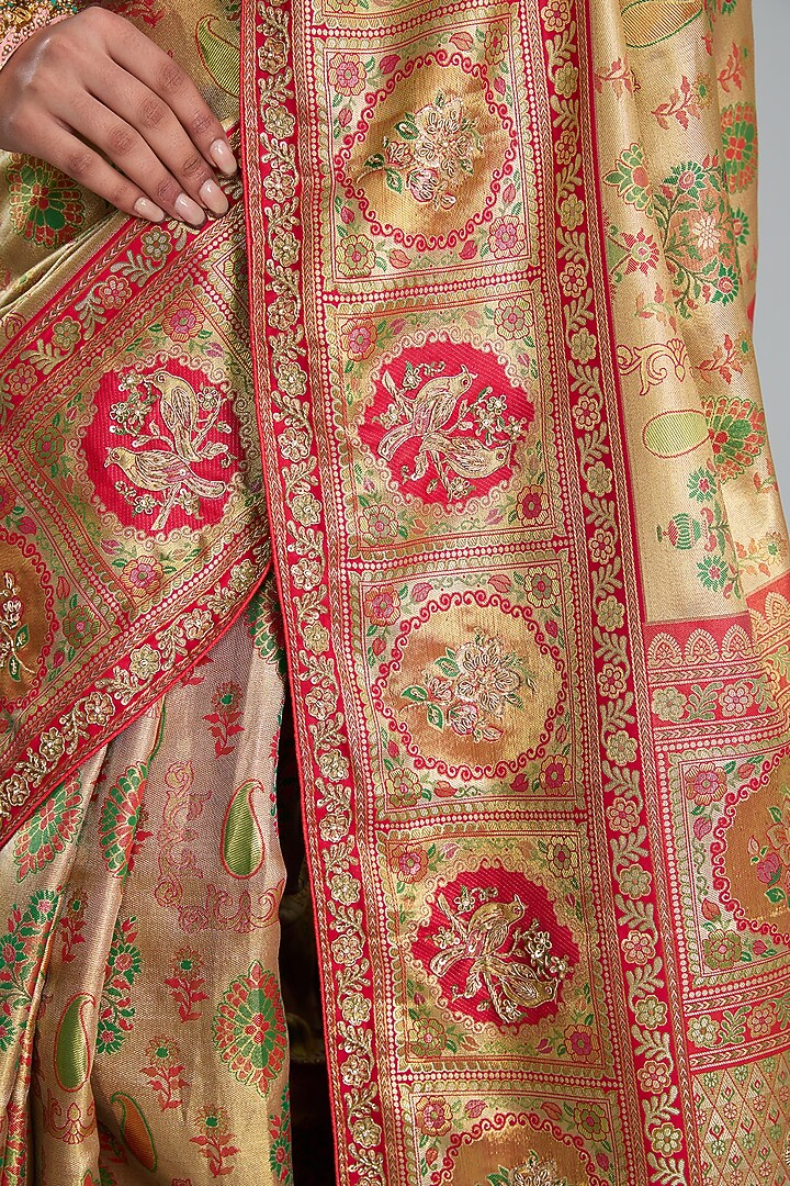 Gold Vegan Silk Floral Printed & Weave Embroidered Party Wear Saree Set by TYAASHU at Pernia's Pop Up Shop
