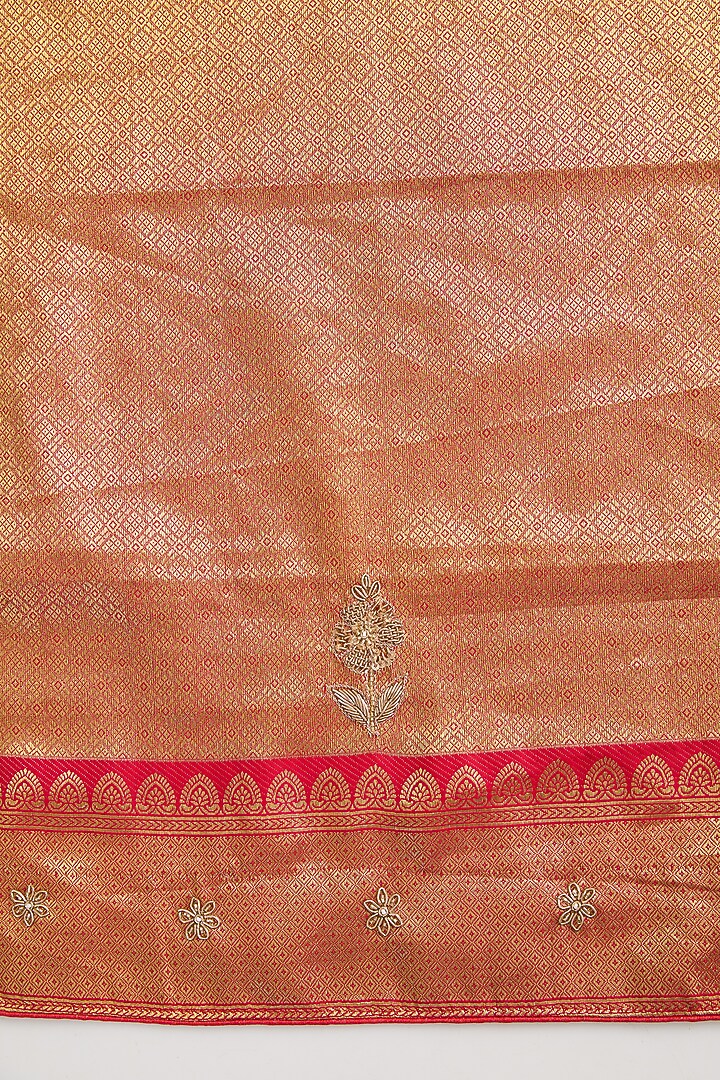 Gold Vegan Silk Floral Printed & Weave Embroidered Party Wear Saree Set by TYAASHU at Pernia's Pop Up Shop