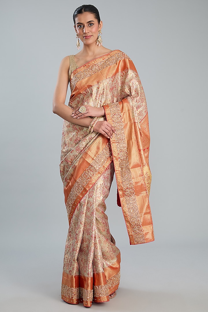 Peach Vegan Silk Weave Embroidered Saree Set by TYAASHU