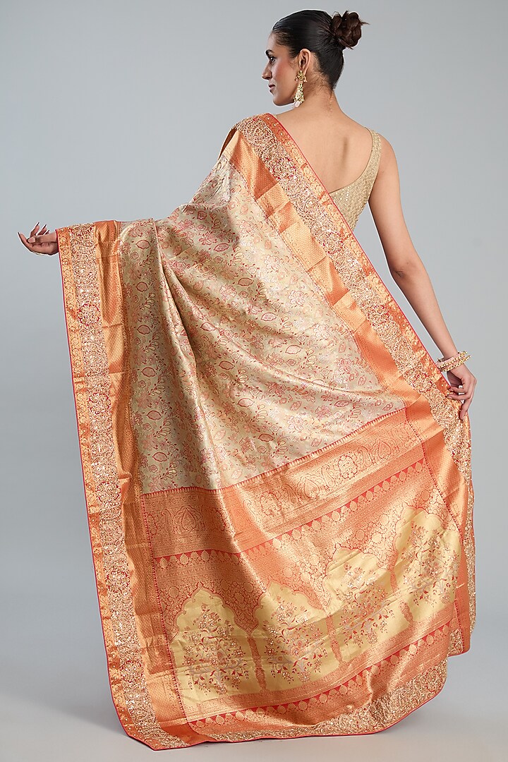 Peach Vegan Silk Weave Embroidered Wedding Saree Set by TYAASHU at Pernia's Pop Up Shop