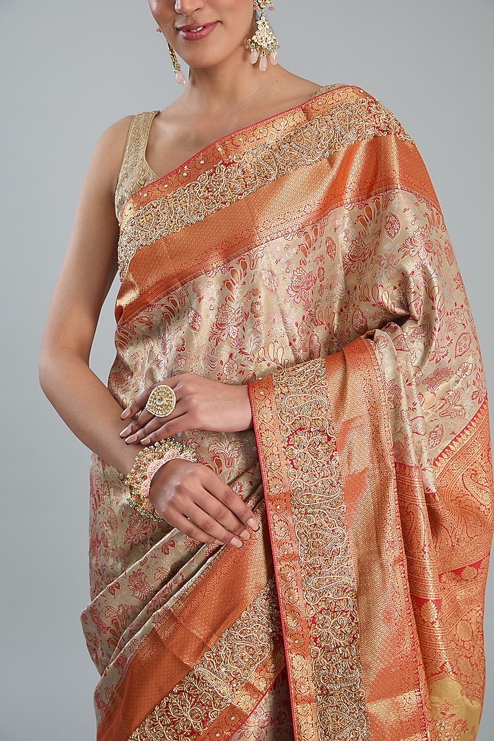 Peach Vegan Silk Weave Embroidered Wedding Saree Set by TYAASHU at Pernia's Pop Up Shop