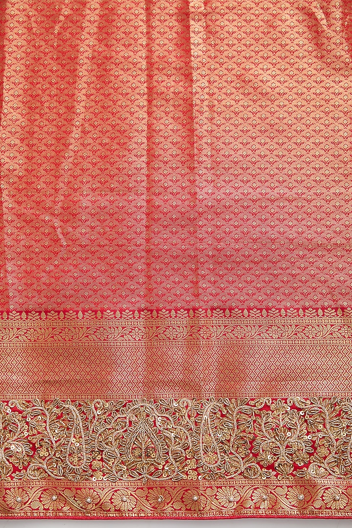 Peach Vegan Silk Weave Embroidered Wedding Saree Set by TYAASHU at Pernia's Pop Up Shop