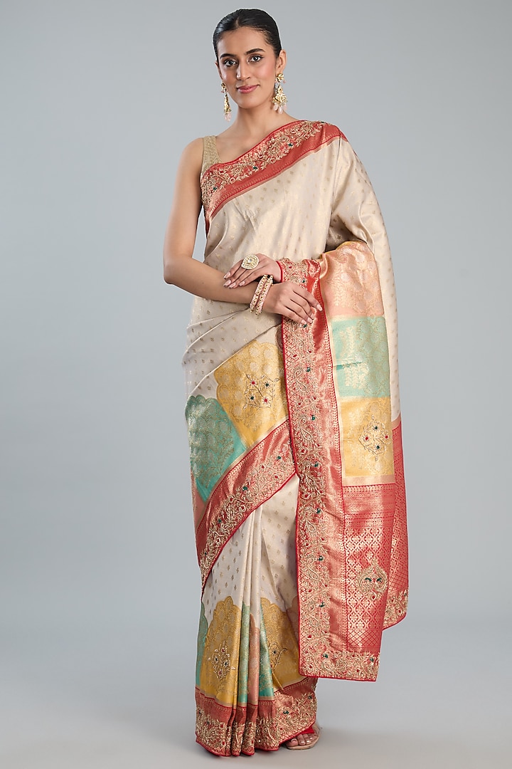 Beige Vegan Silk Weave Embroidered Saree Set by TYAASHU